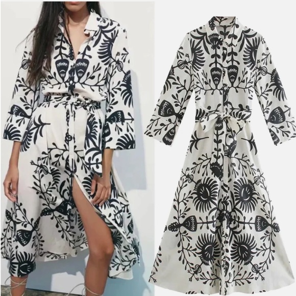 Zara Dresses & Skirts - ZARA Cream Black Print Button Front Dress XXL